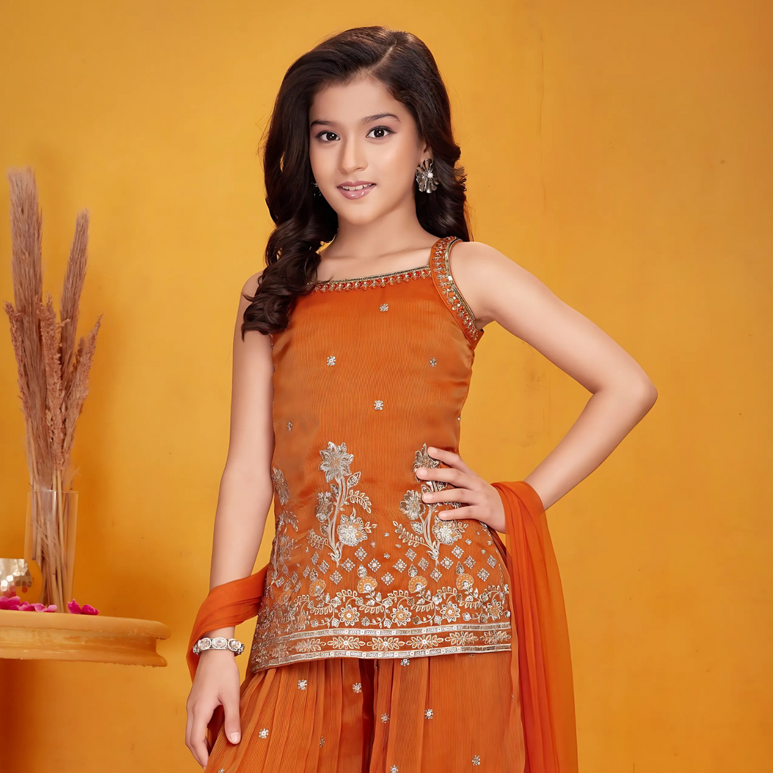 Orange Silk Festive Palazzo Suit For Girls