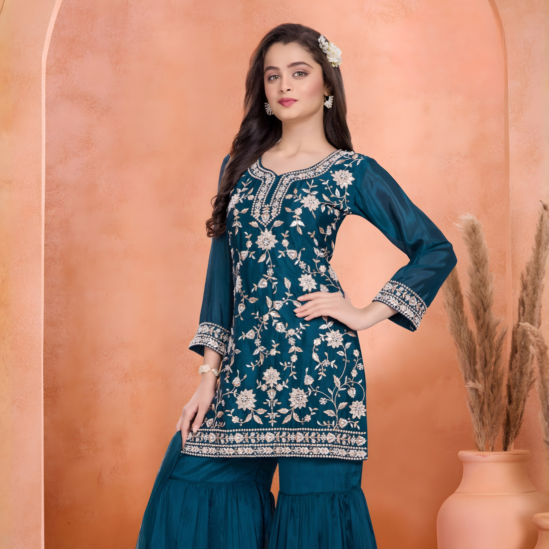 Wedding Wear Blue Embroidered Palazzo Suit With Dupatta