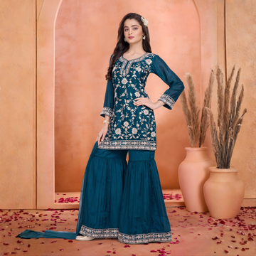 Wedding Wear Blue Embroidered Palazzo Suit With Dupatta