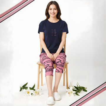 Blue Women Round Neck Half Sleeves Night Suit