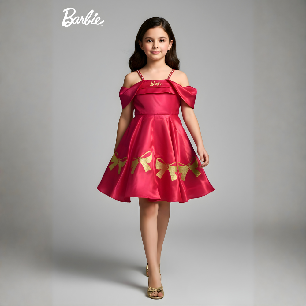 Pink Barbie Printed Shoulder Straps Party Frock
