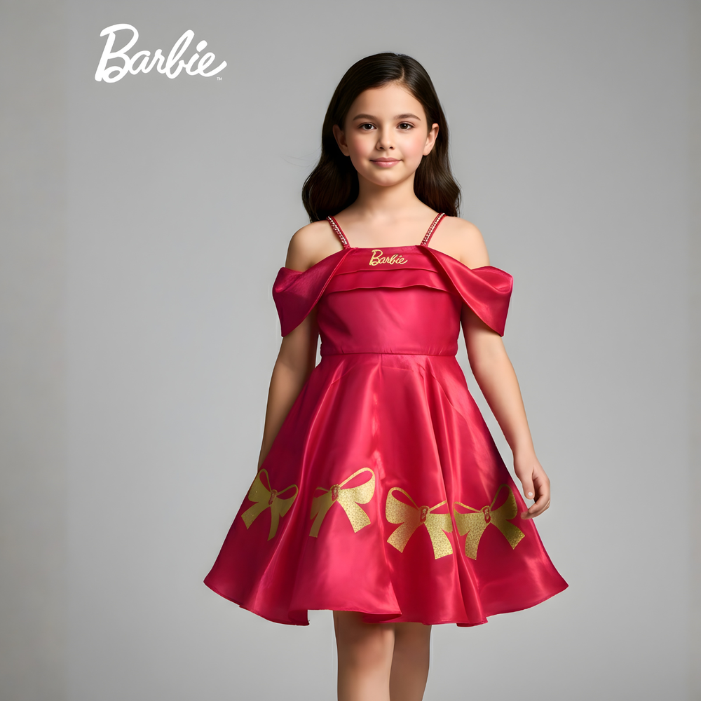 Pink Barbie Printed Shoulder Straps Party Frock