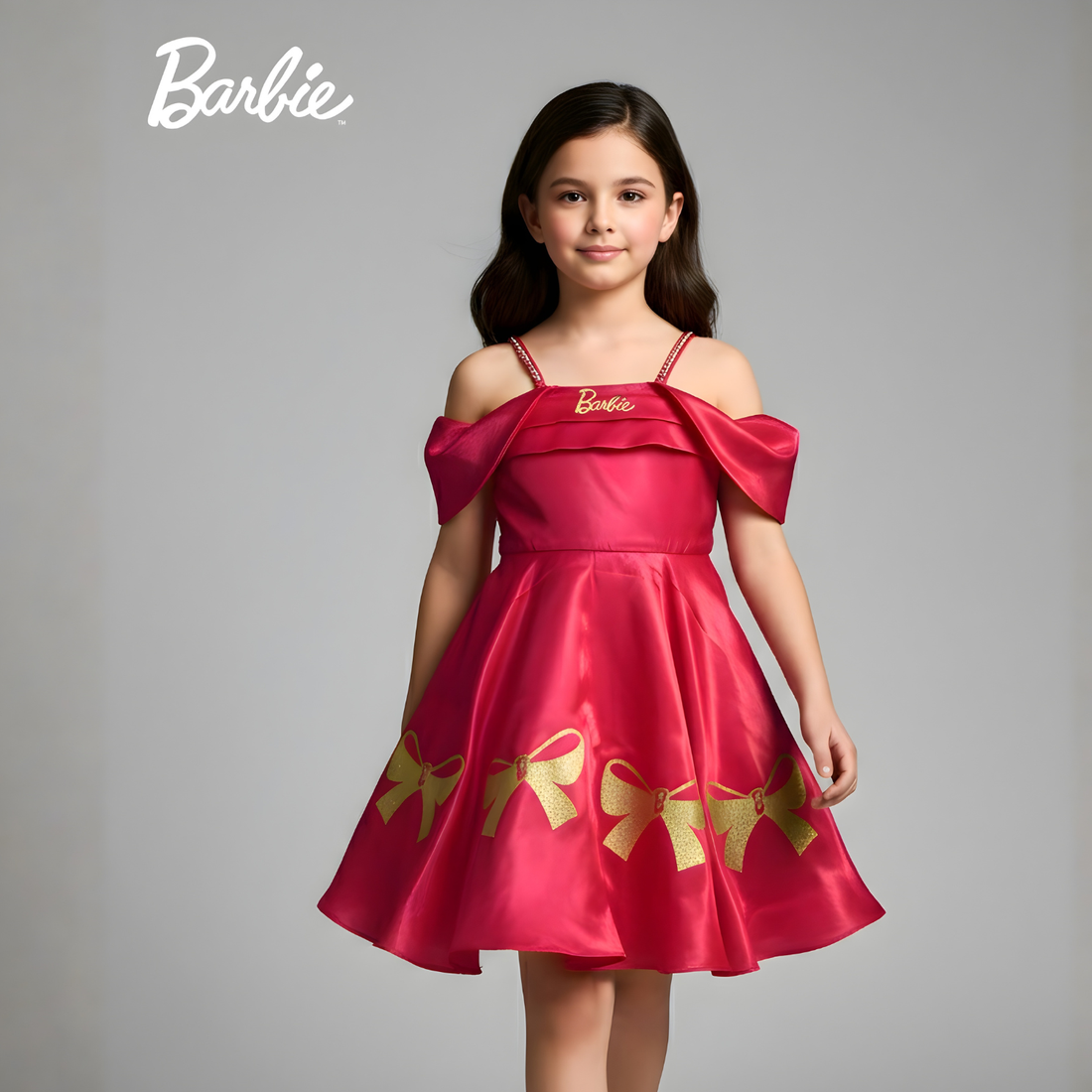 Pink Barbie Printed Shoulder Straps Party Frock