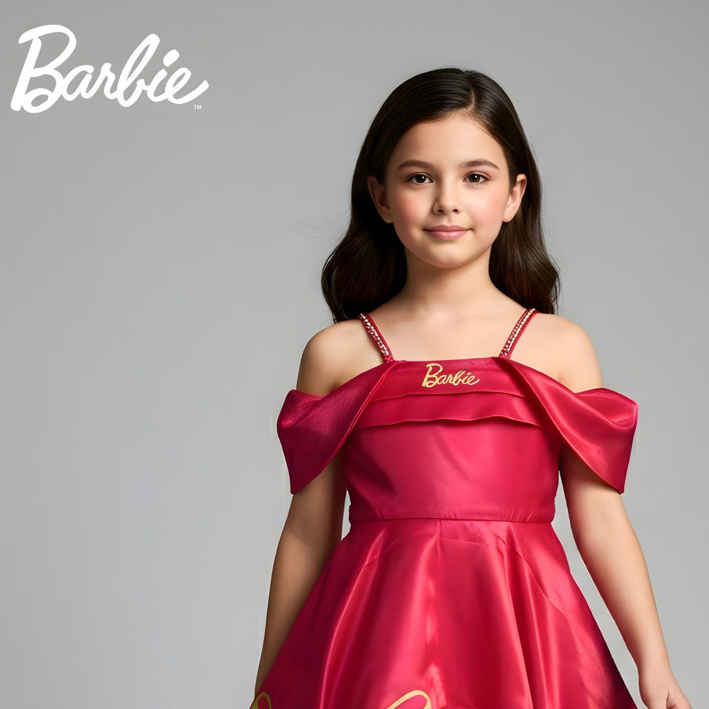 Pink Barbie Printed Shoulder Straps Party Frock