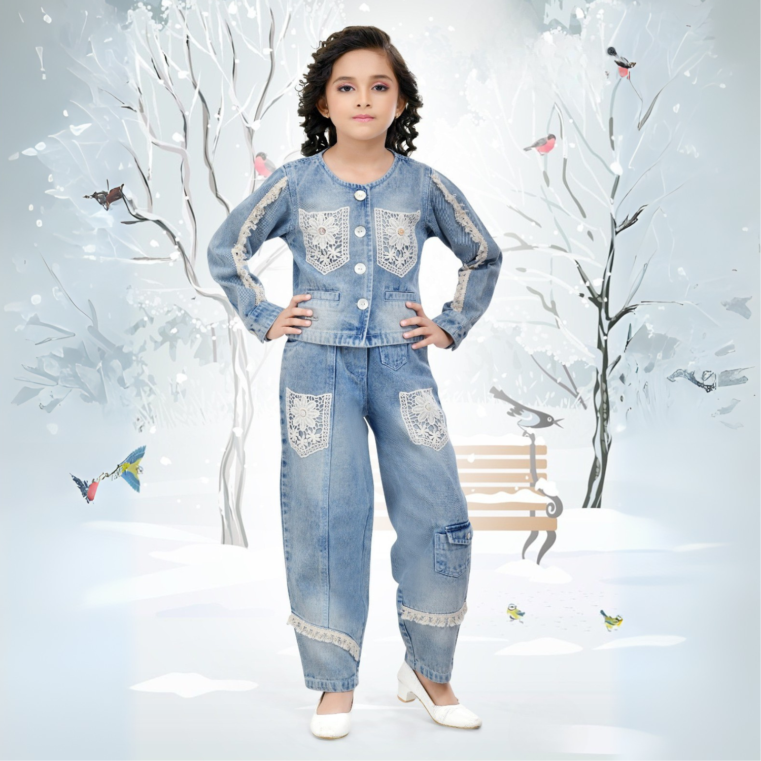 Denim Western Co-Ord Set for Girls
