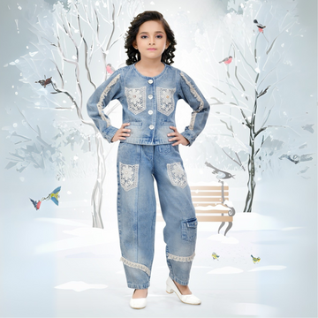 Denim Western Co-Ord Set for Girls