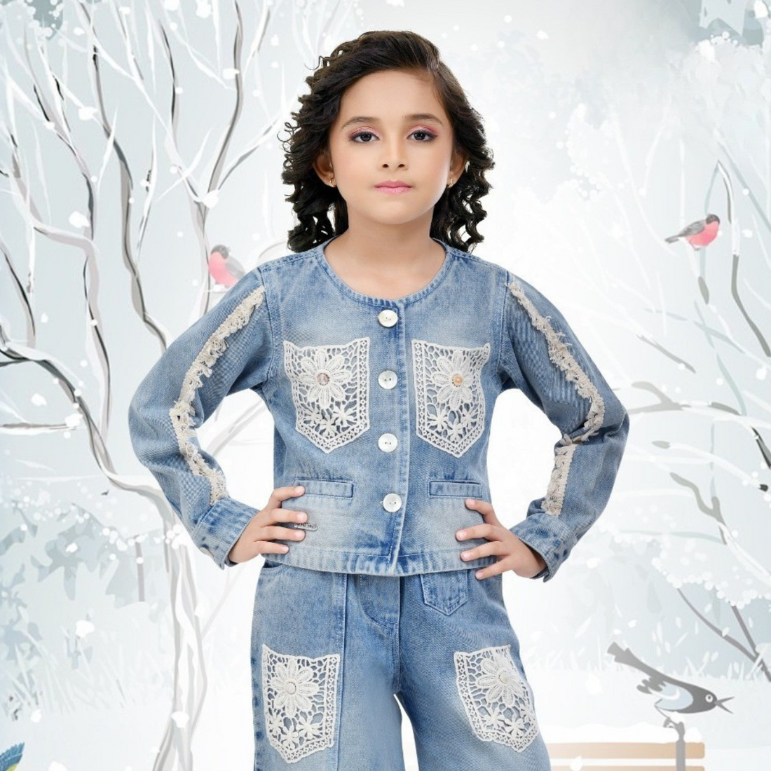 Denim Western Co-Ord Set for Girls