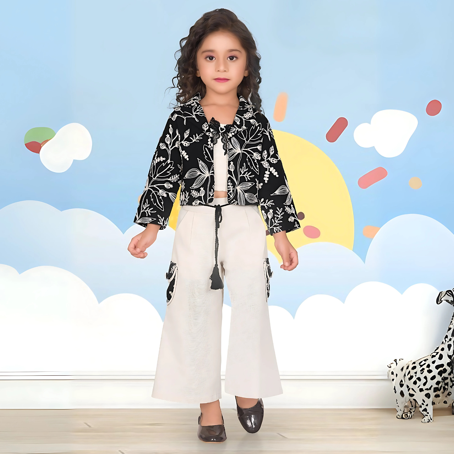 Girls White & Black Plazo Set