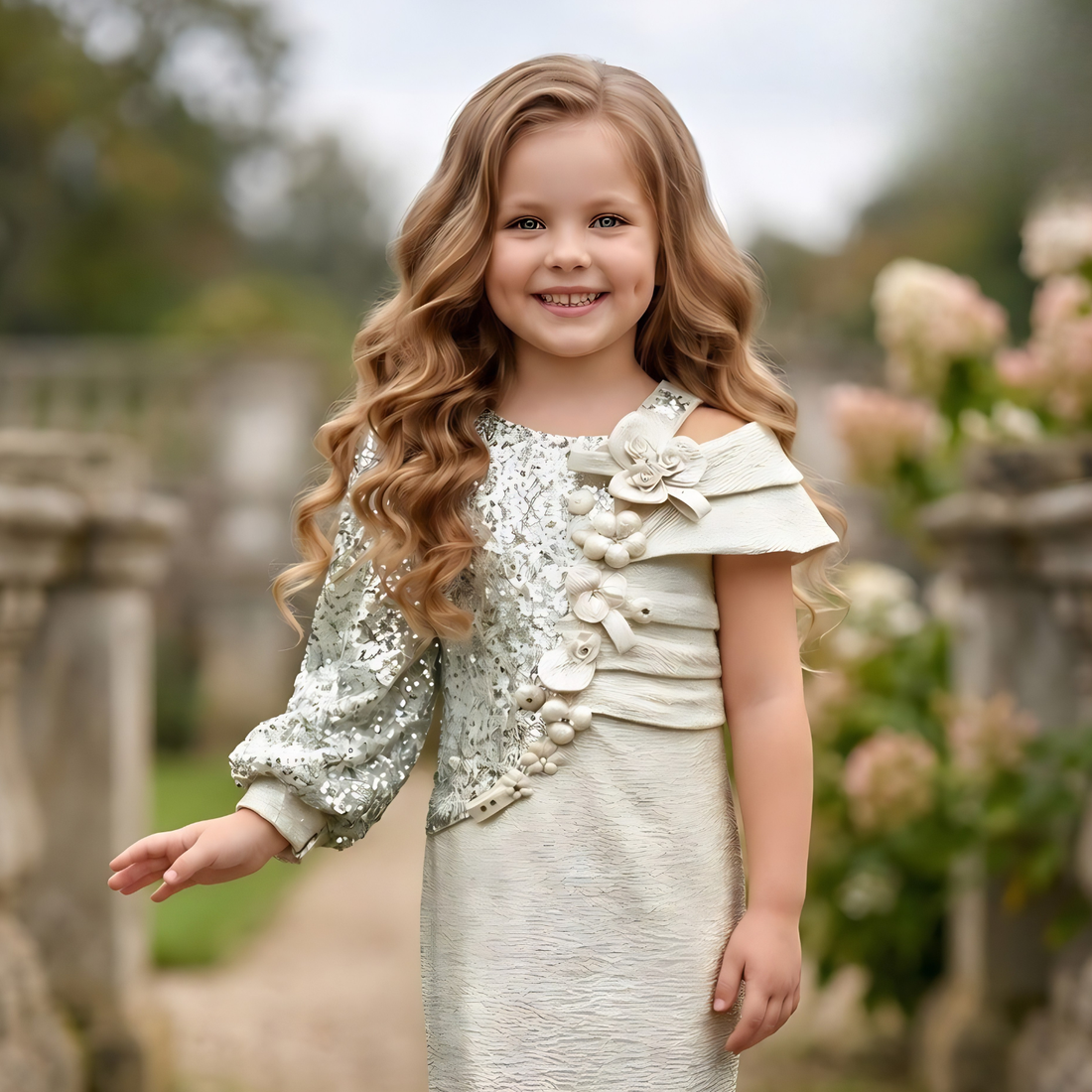 Girls Cream Stylish Western Party Frock