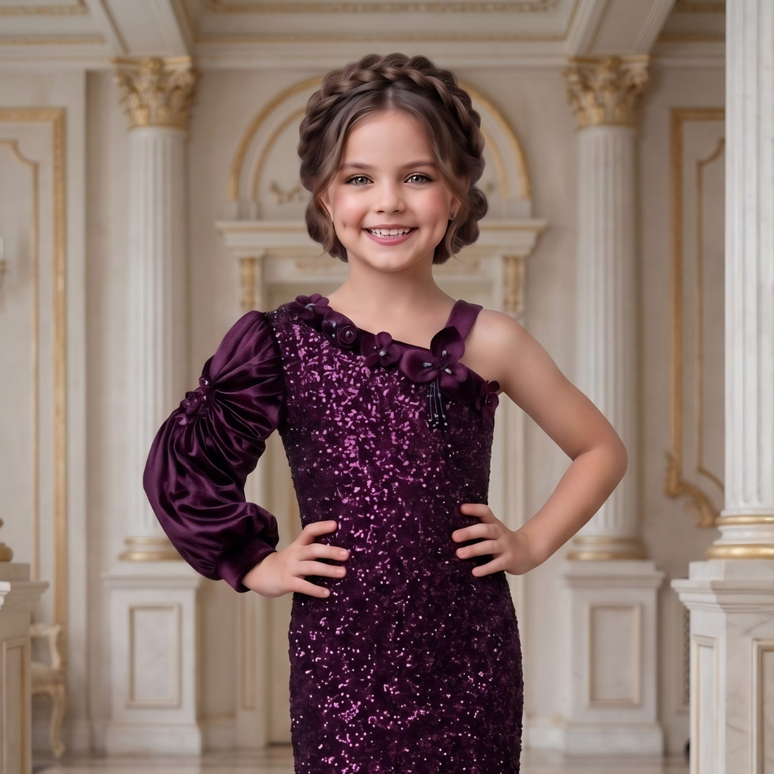 Girls wine sequin party gown detail