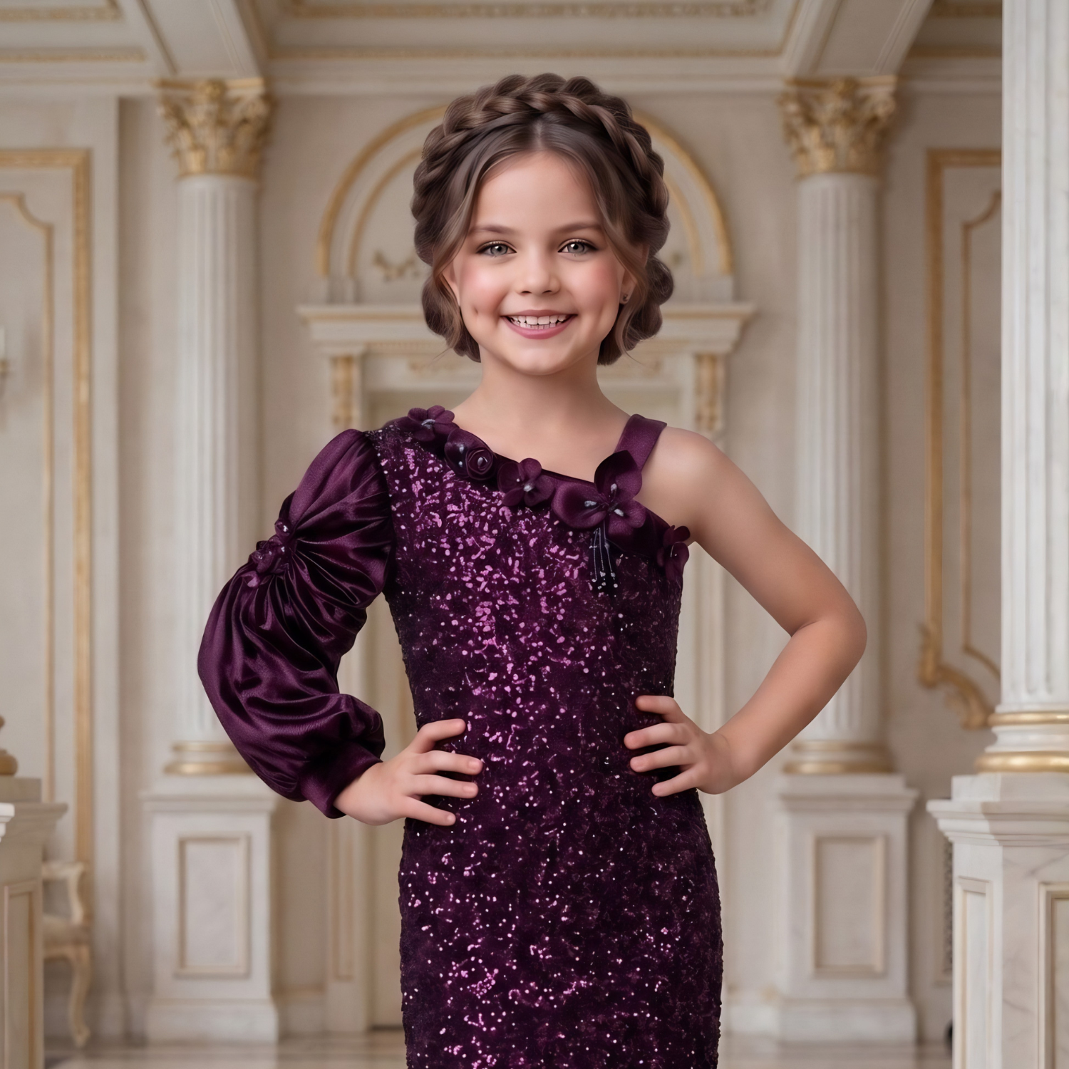 Girls wine sequin party gown detail