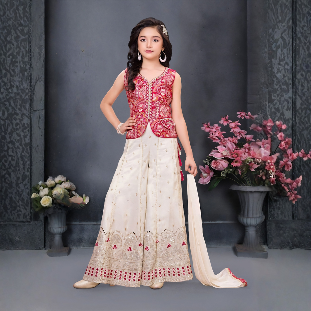 Girls Floral Embroidered Top with Palazzos & With Dupatta