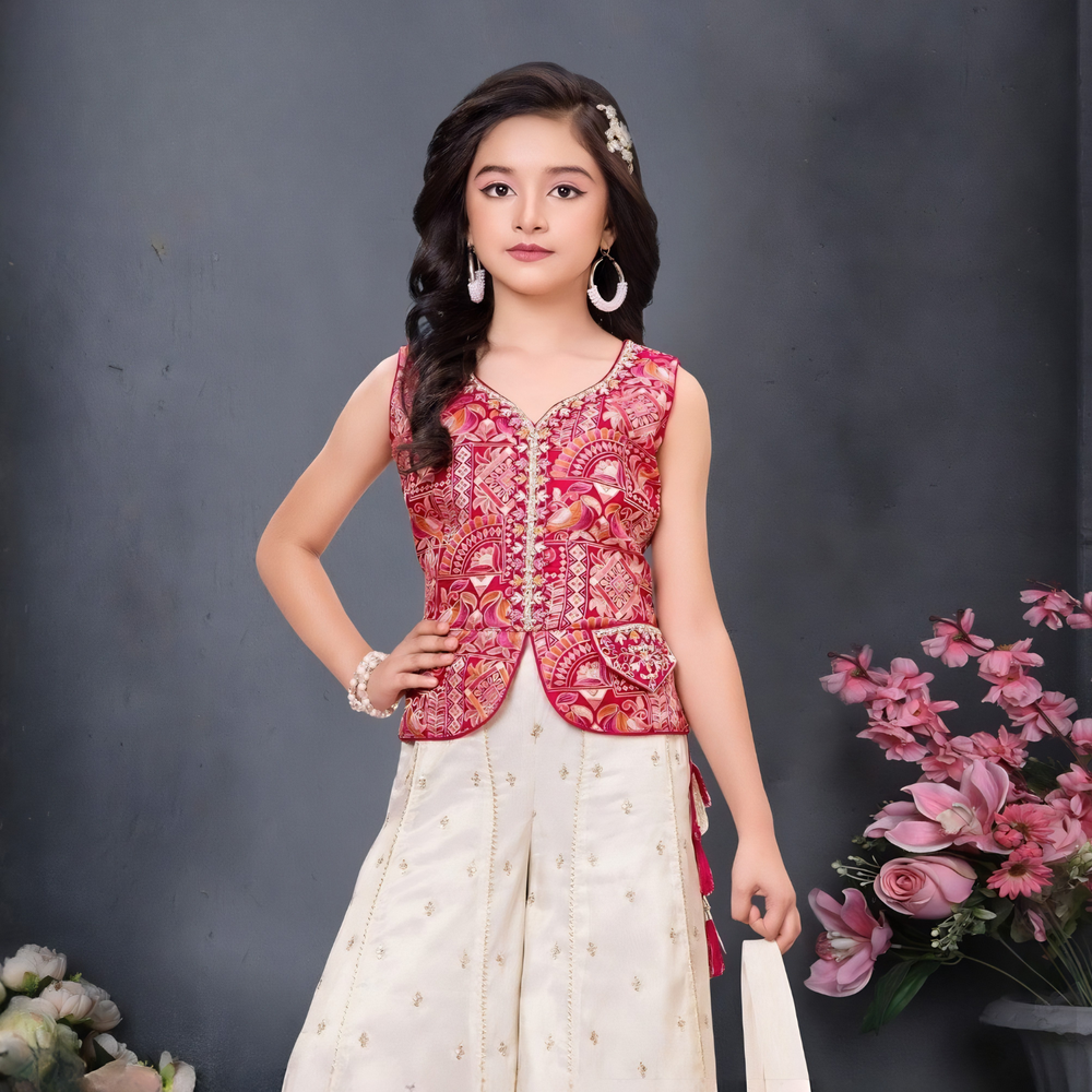 Girls Floral Embroidered Top with Palazzos & With Dupatta