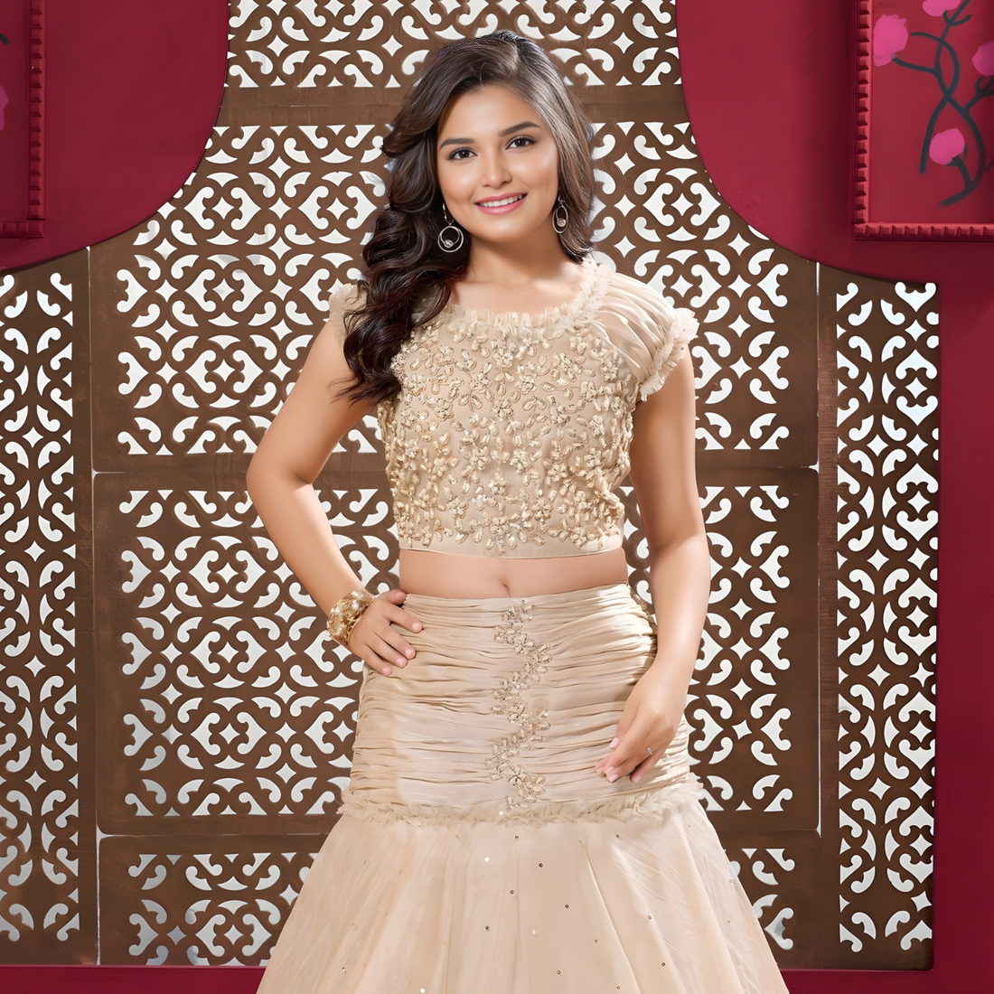 Fawn Embellished Mermaid-Style Lehenga Choli For Girls