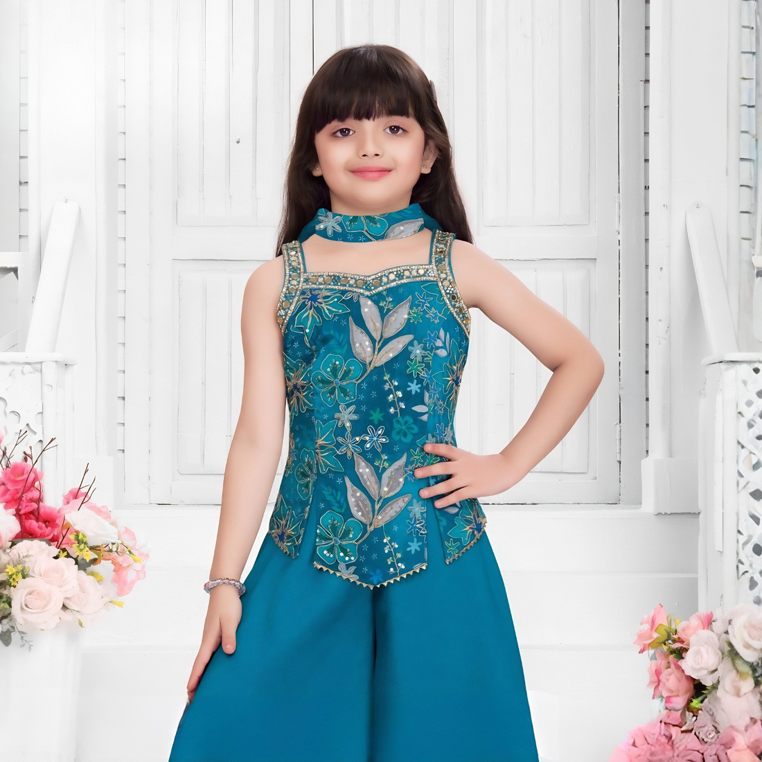Trendy Ethnic Printed Girls’ Top with Palazzo Pants & Dupatta | Stylish Kids Party Wear