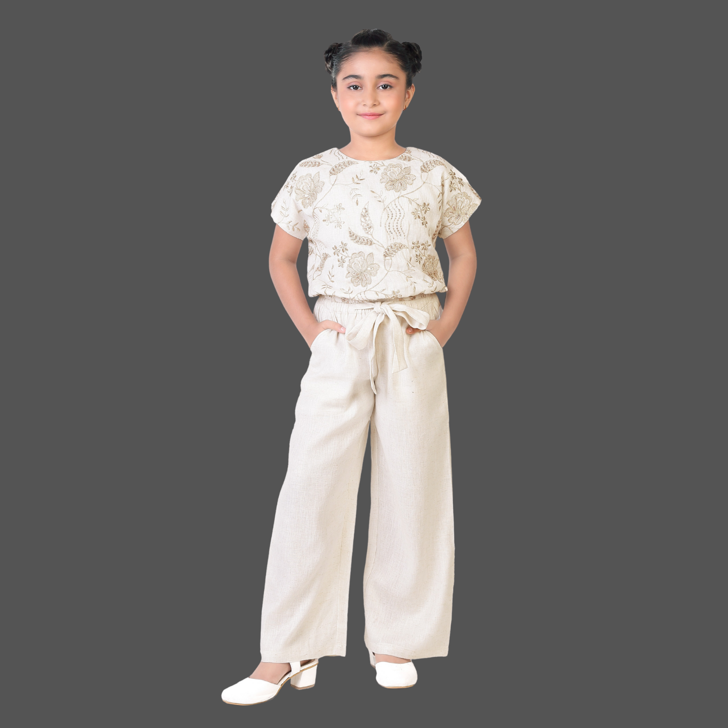 Stylish Cream Co Ord Set With Embroidery For Girls