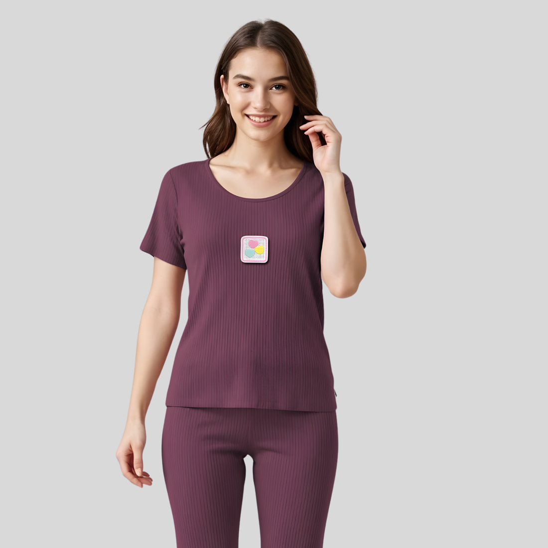 Women Purple Round Neck Half Sleeve Night suit