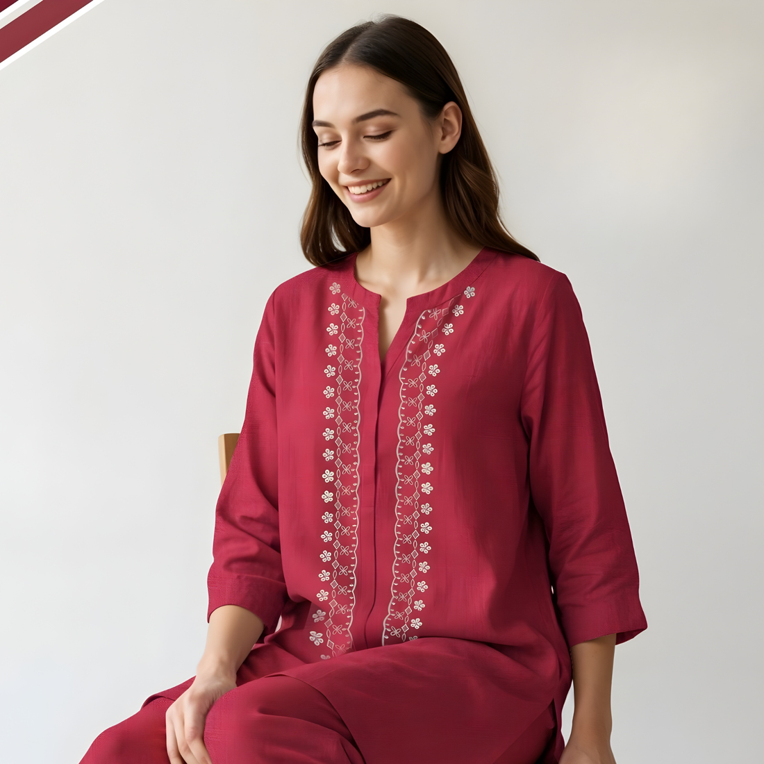 Maroon Solid Women Night Suit Set