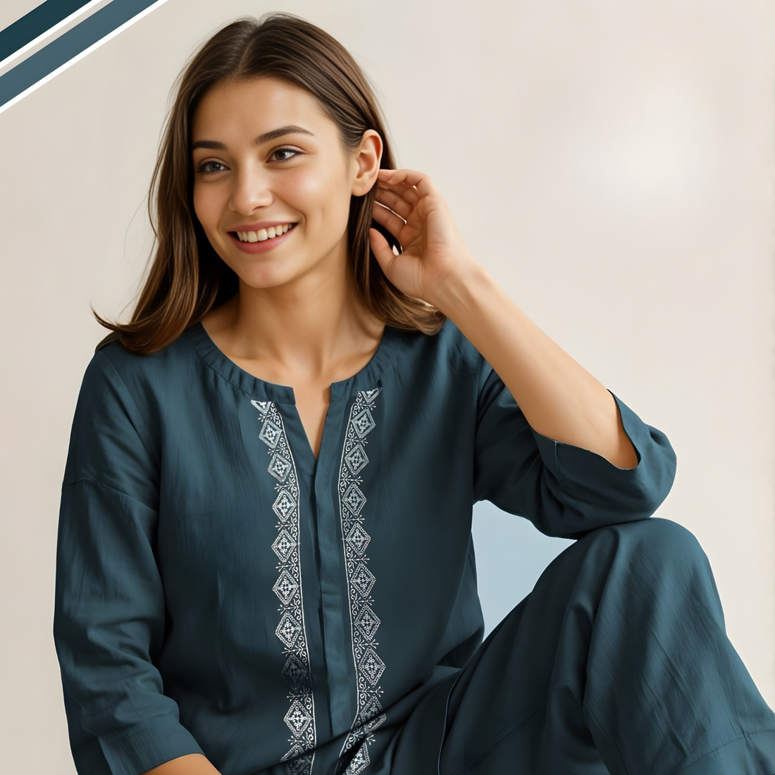 Blue Cotton Floral Print Straight Co-Ord Set