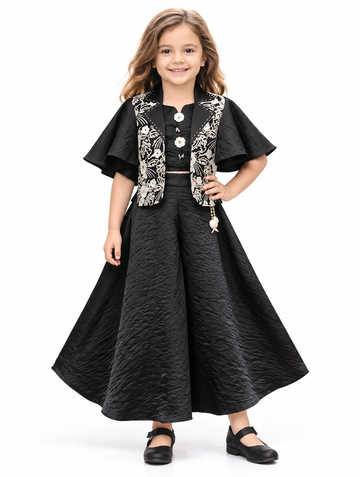 Girls Black Embroidered Pant Set with Jacket