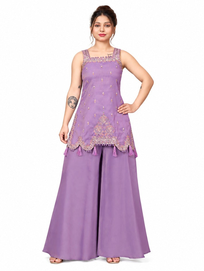 Girls Purple Embroidered Kurti and Palazzo Set