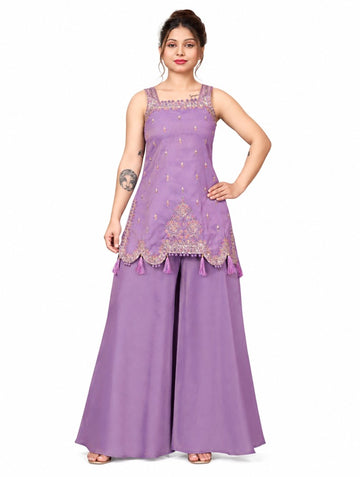 Girls Purple Embroidered Kurti and Palazzo Set
