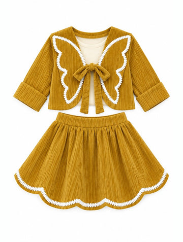 Girls Mustard Bow-Front Jacket and Flared Skirt Set