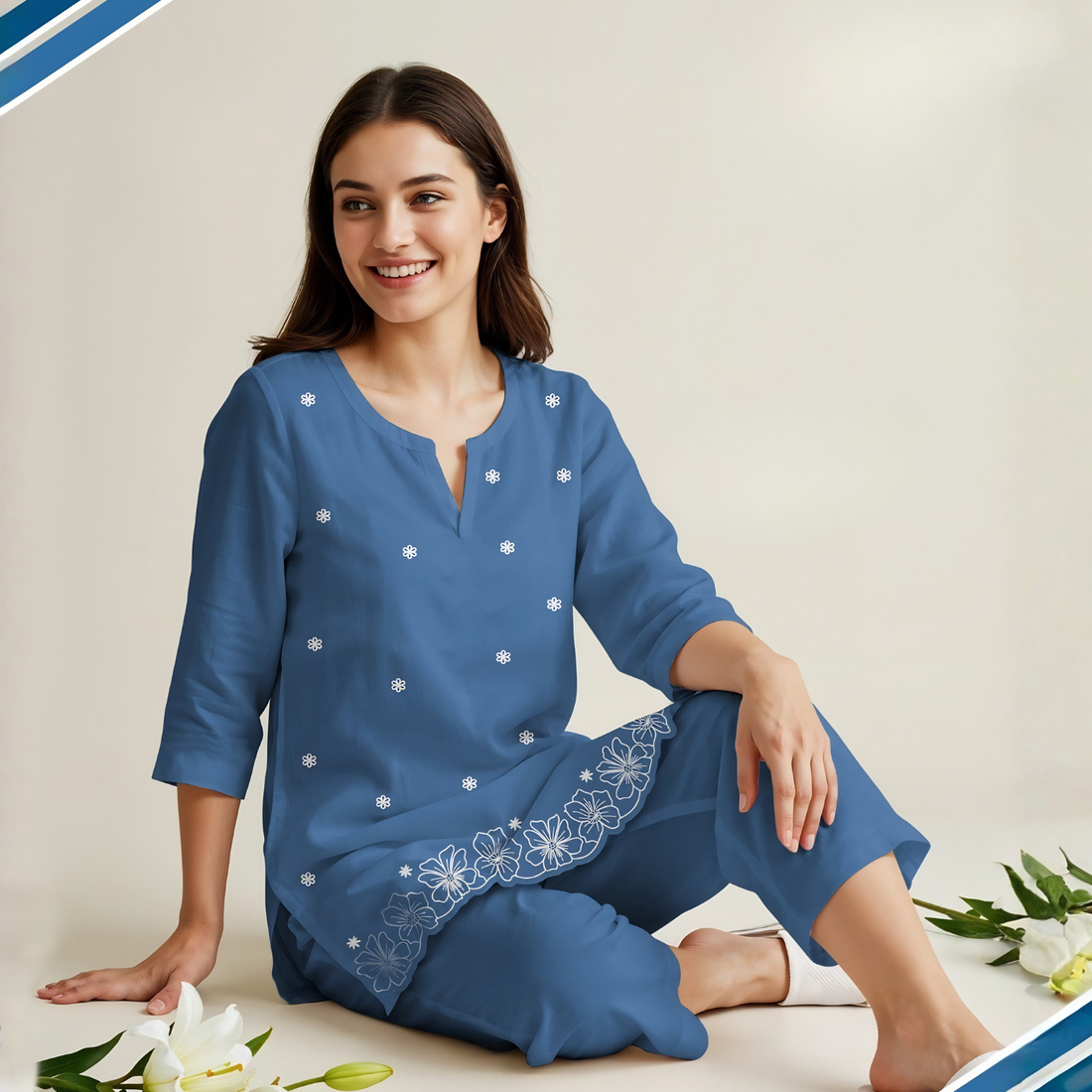 Stylish Royal Blue Cotton Night Suit For Women