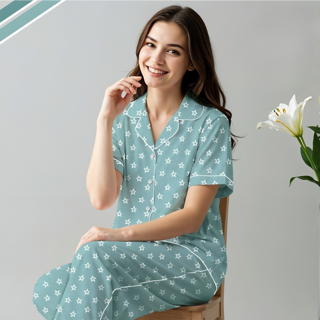 Sky Blue Printed Pure Cotton Night Suit