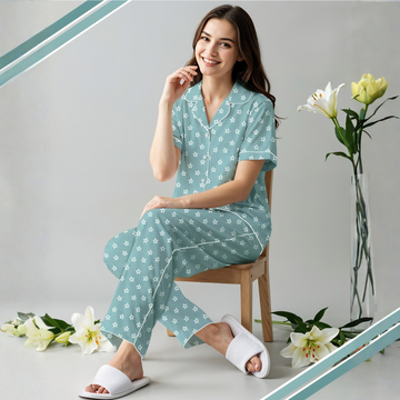 Sky Blue Printed Pure Cotton Night Suit