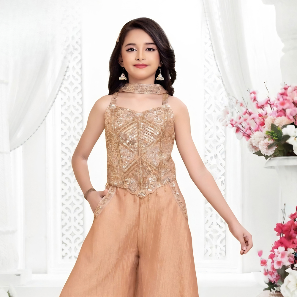 Light Orange Shimmer Crepe Silk Girls Palazzo Suit