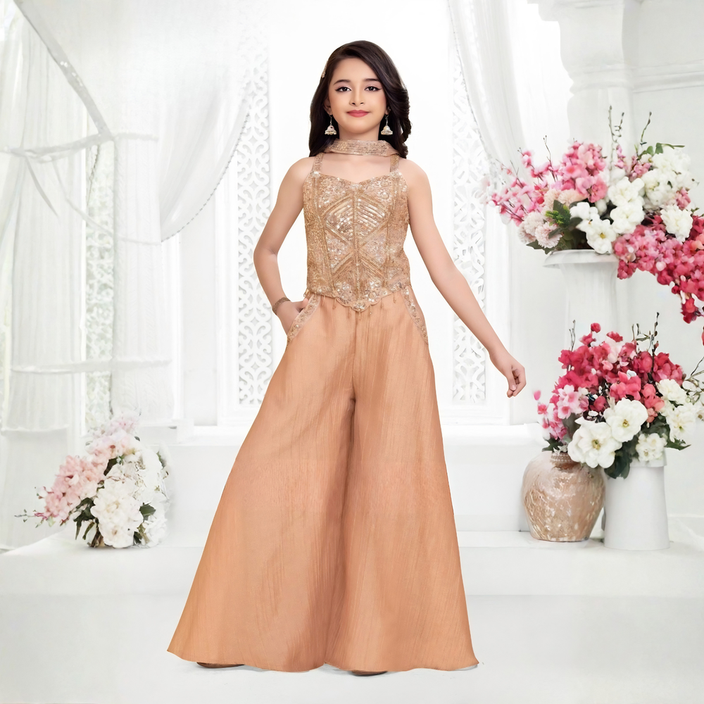 Light Orange Shimmer Crepe Silk Girls Palazzo Suit