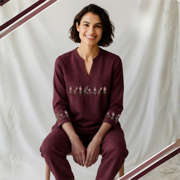 Stylish Wine Printed Night Suit For Women