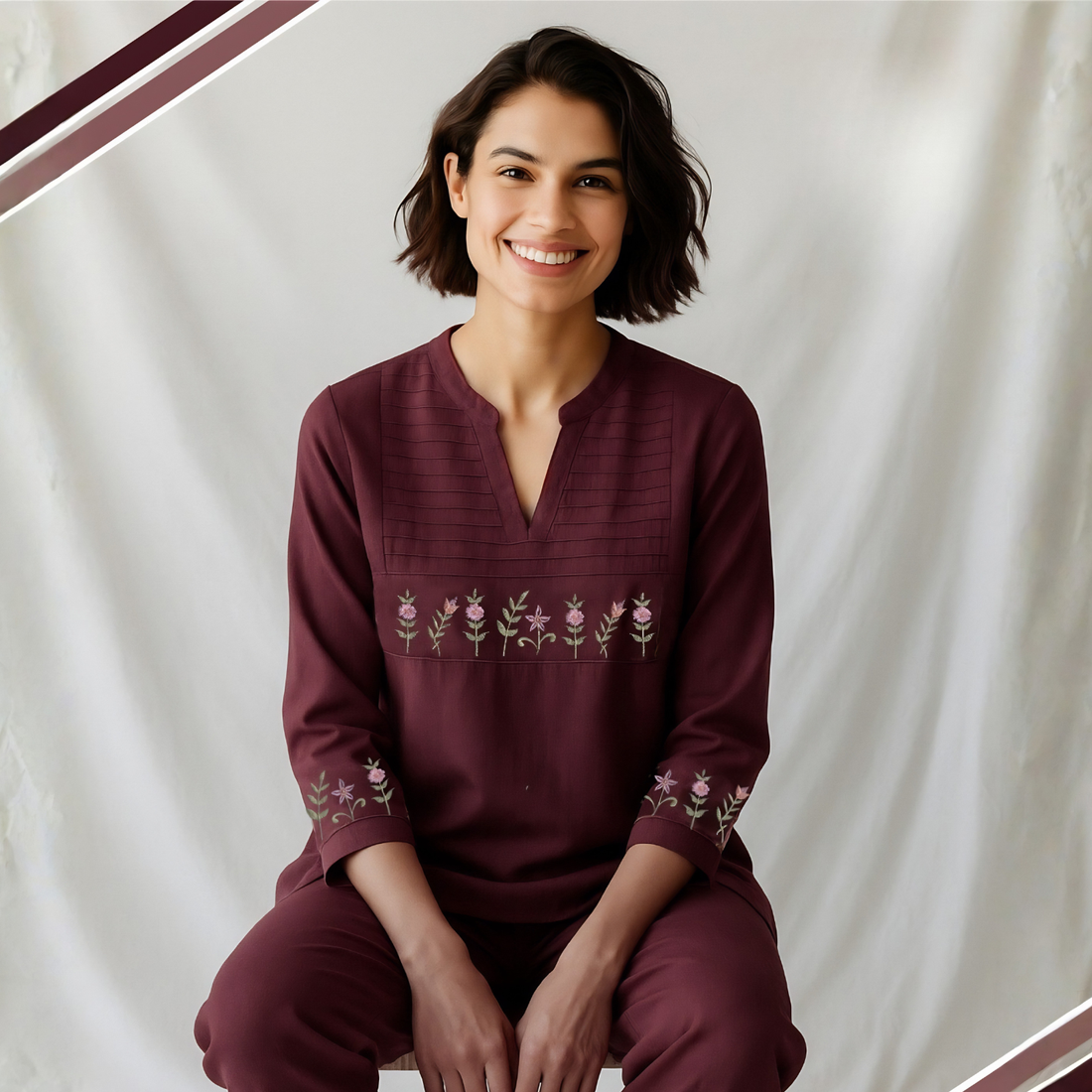Stylish Wine Printed Night Suit For Women