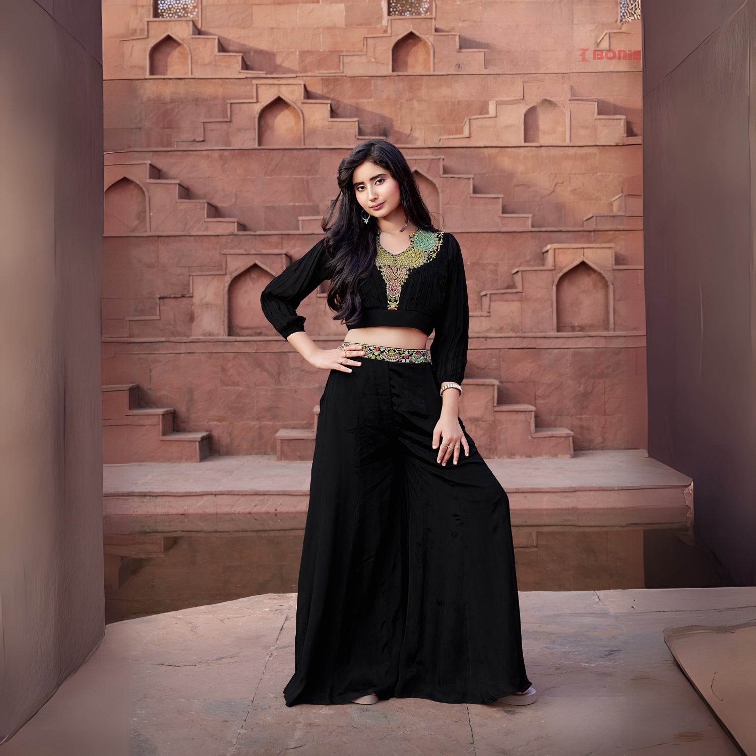 Stunning black crop top palazzo suit