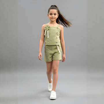 Stylish Green Top And Shorts Set For Girls