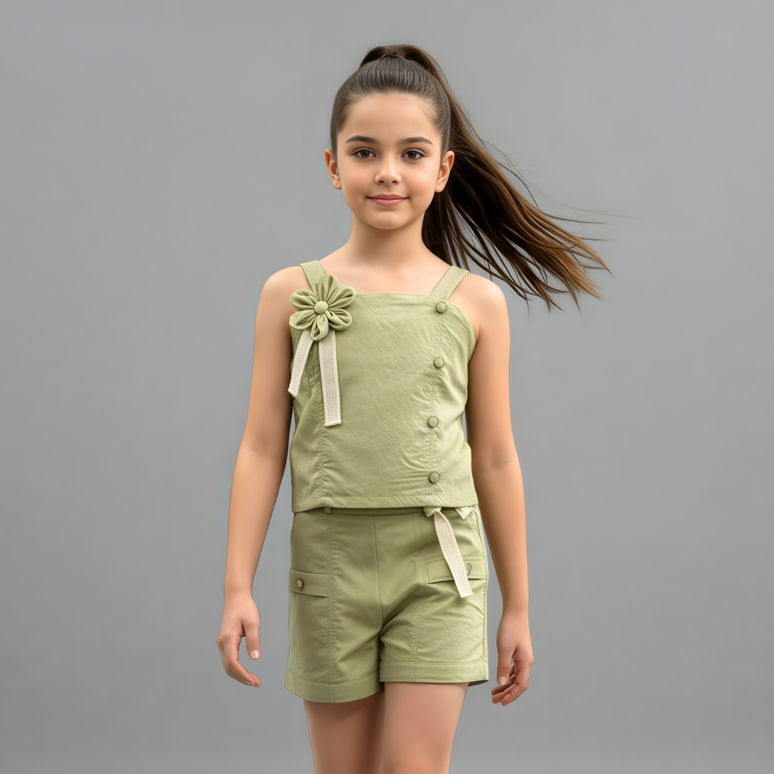 Stylish Green Top And Shorts Set For Girls