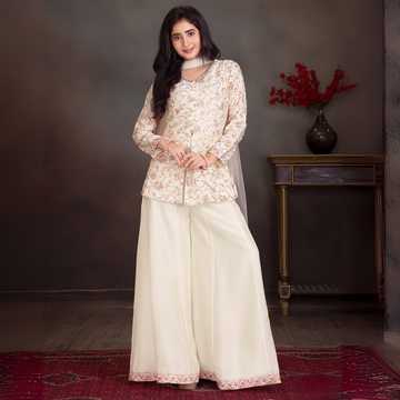 Cream Georgette Embroidery Plazo Suit