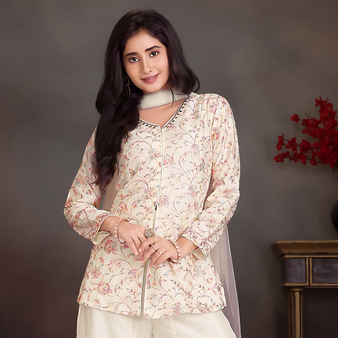 Cream Georgette Embroidery Plazo Suit
