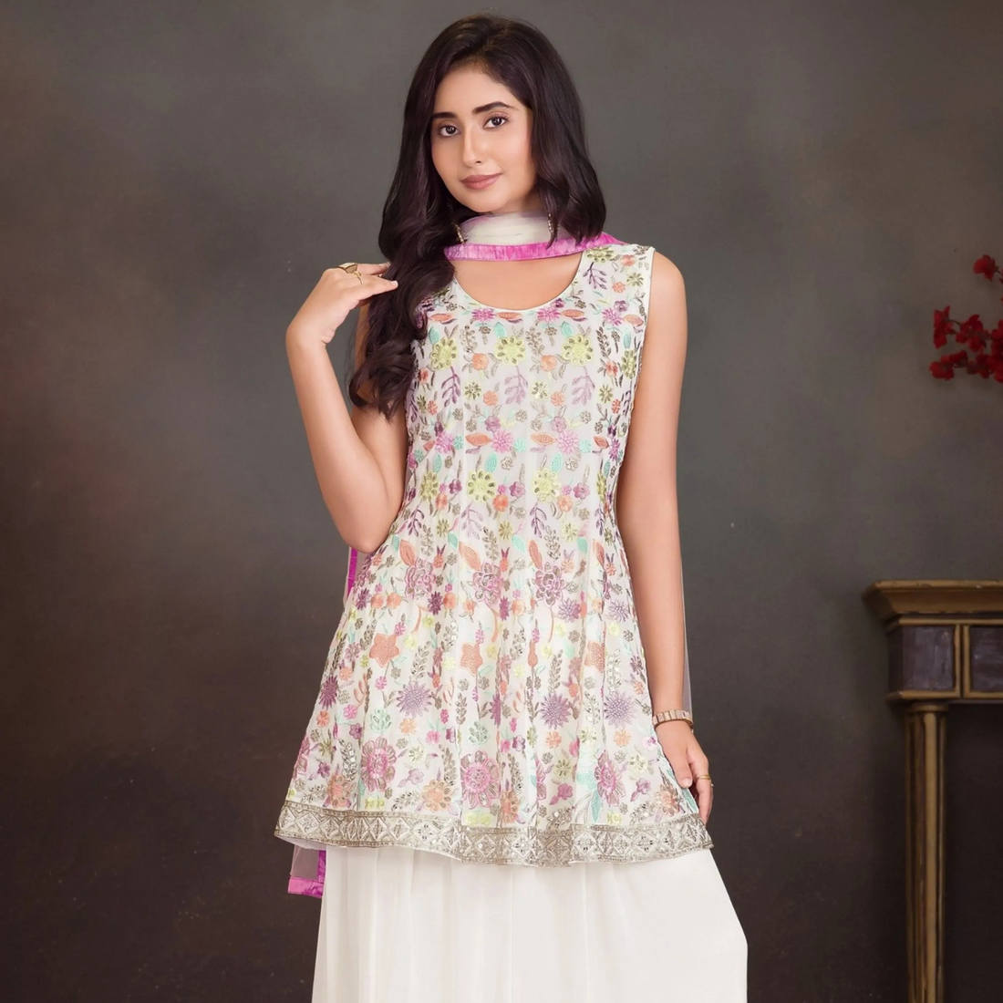 Cream Embroidered Georgette A-Line Suit Set With Palazzos