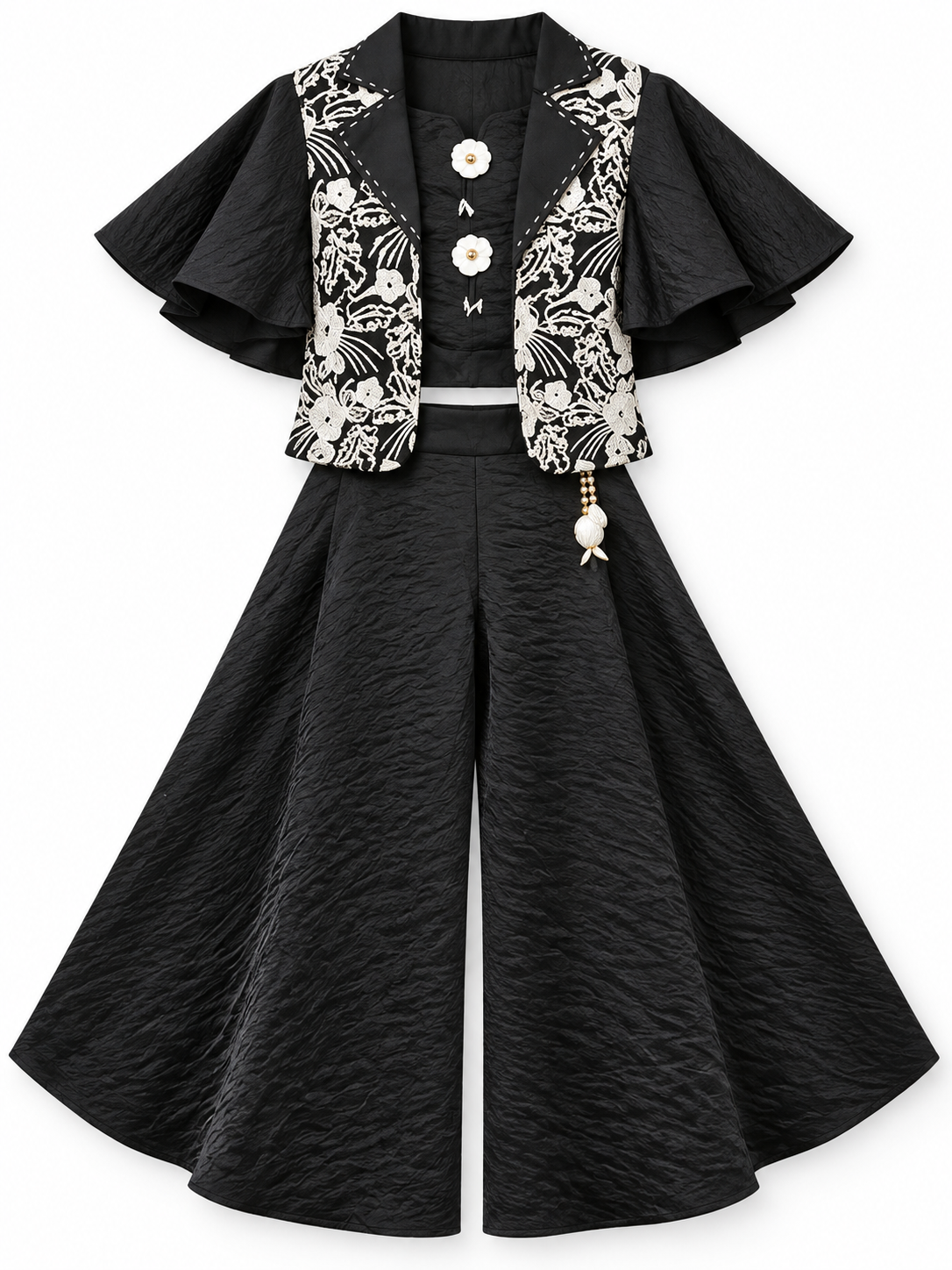 Girls Black Embroidered Pant Set with Jacket