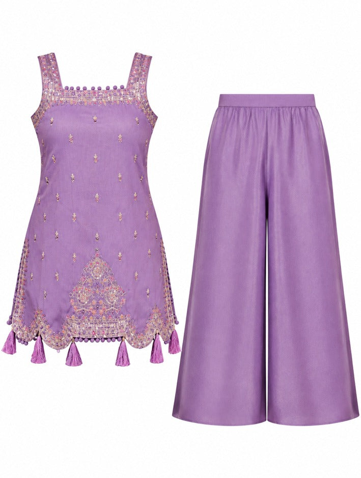 Girls Purple Embroidered Kurti and Palazzo Set