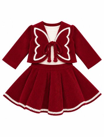 Girls Red Tie-Front Jacket and Flared Skirt Set