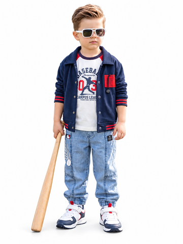 Boys Navy Varsity Jacket, T-shirt and Denim Joggers Set