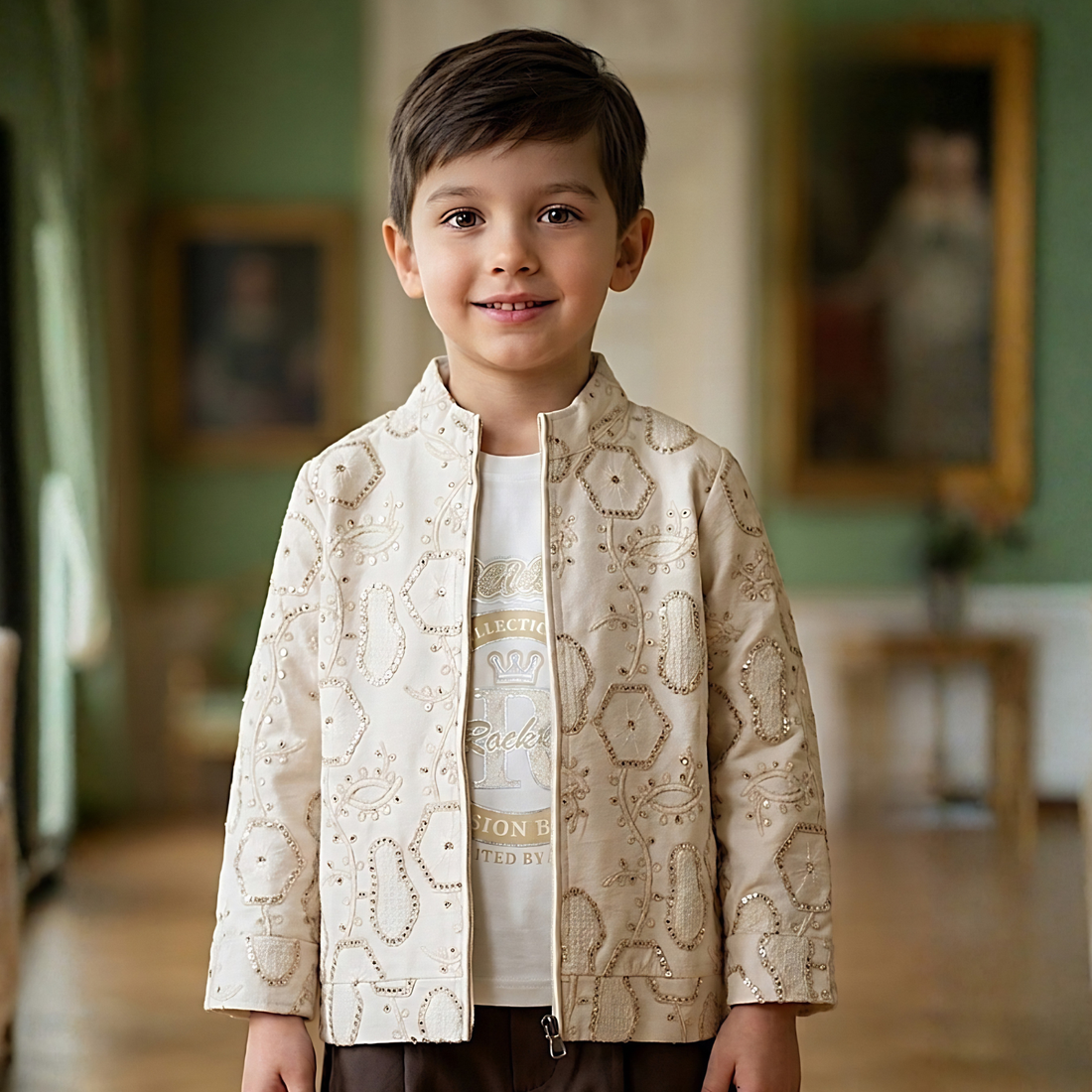 Boys Beige Embroidered Jacket & T-Shirt
