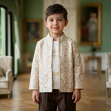 Boys Beige Embroidered Jacket & T-Shirt
