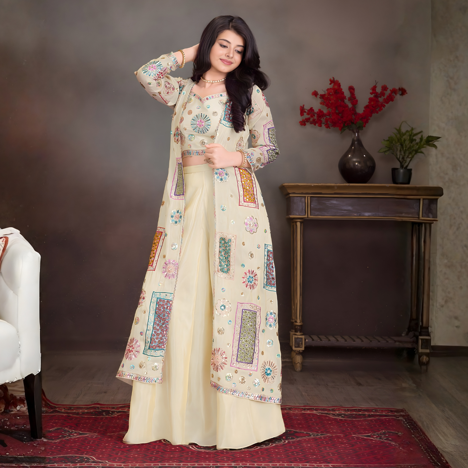 Fawn Embellished Palazzo Set with Jacket For Girls