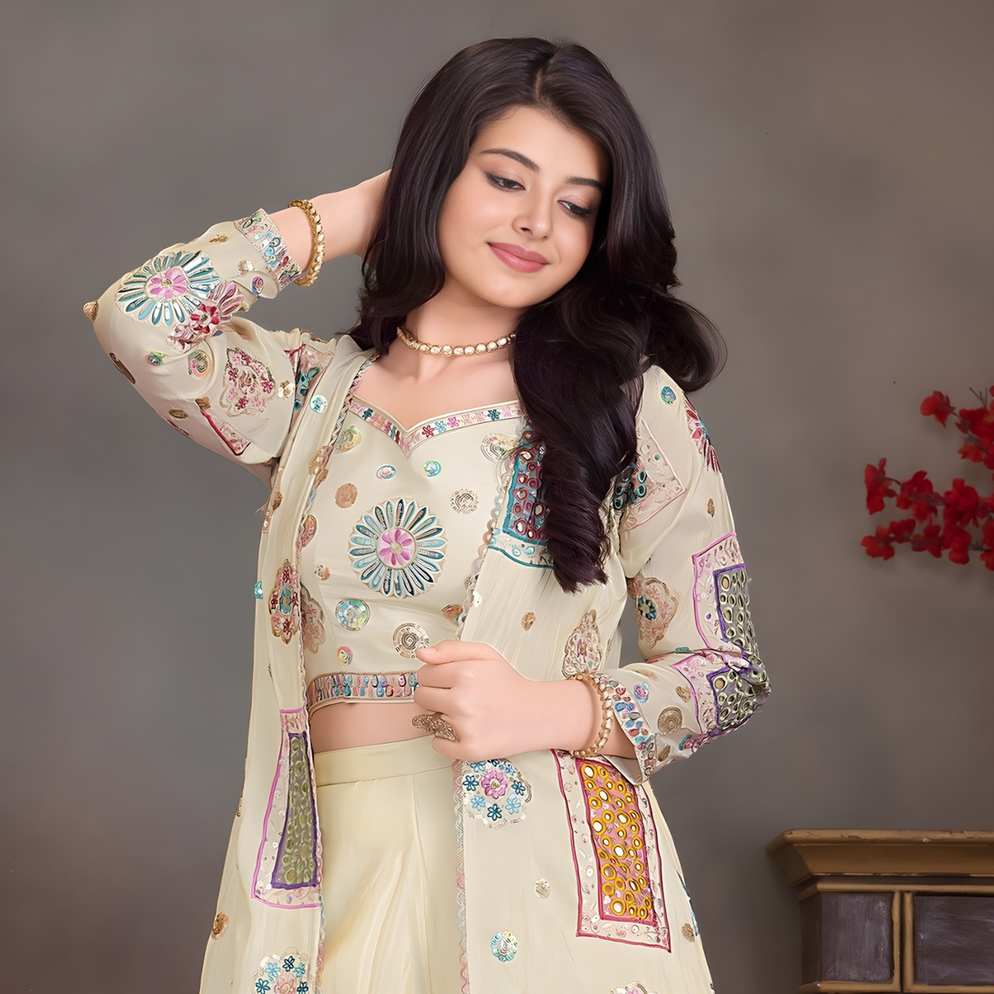 Fawn Embellished Palazzo Set with Jacket For Girls