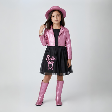 Girls Black Knee Length Frock Barbie Pink Leather Jacket