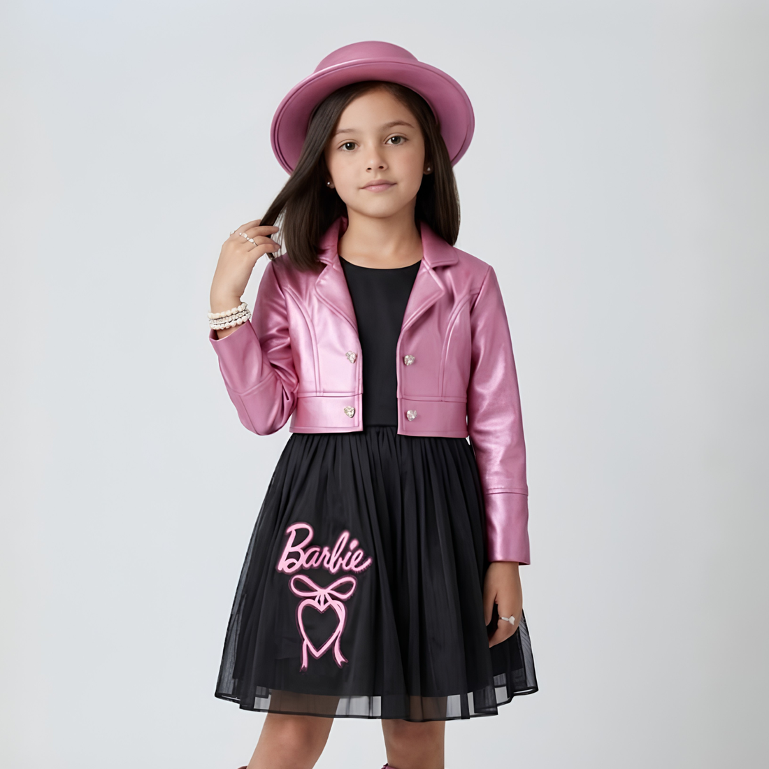 Girls Black Knee Length Frock Barbie Pink Leather Jacket